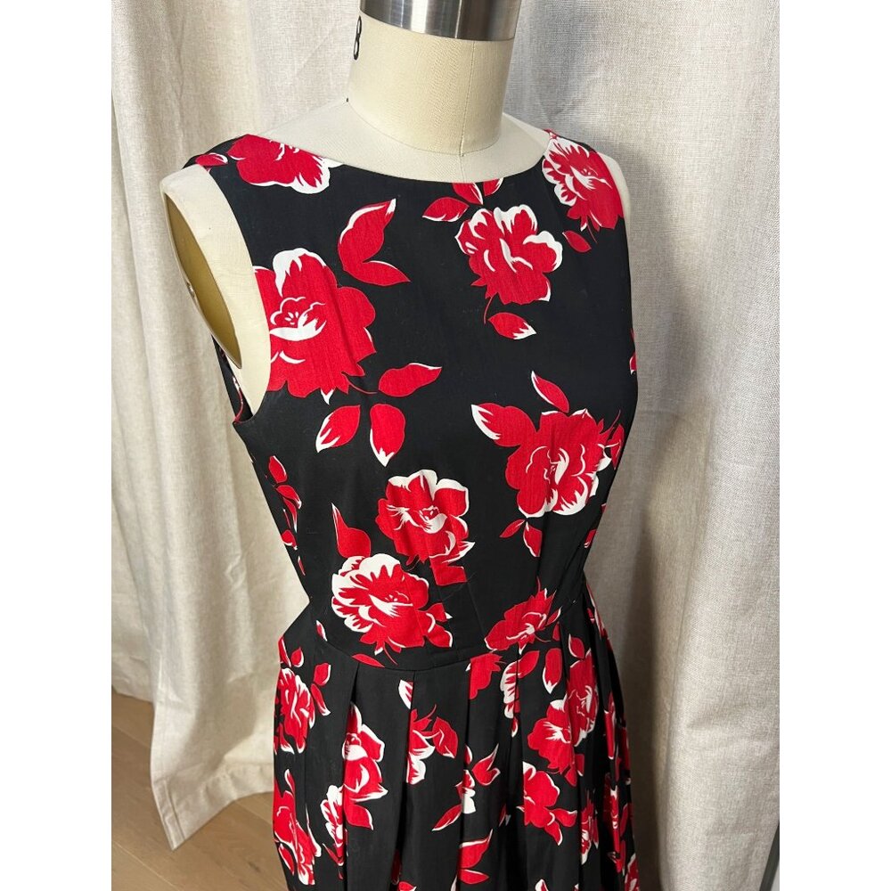 LAURA ASHLEY Floral Sleeveless Midi Dress Size US 6 UK 10 100% Cotton Black & Re - Picture 2 of 8